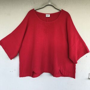 Oh My Gauze Top Womens 3/XXL Red Asymmetrical Scallop Hem Artsy Boho Lagenlook